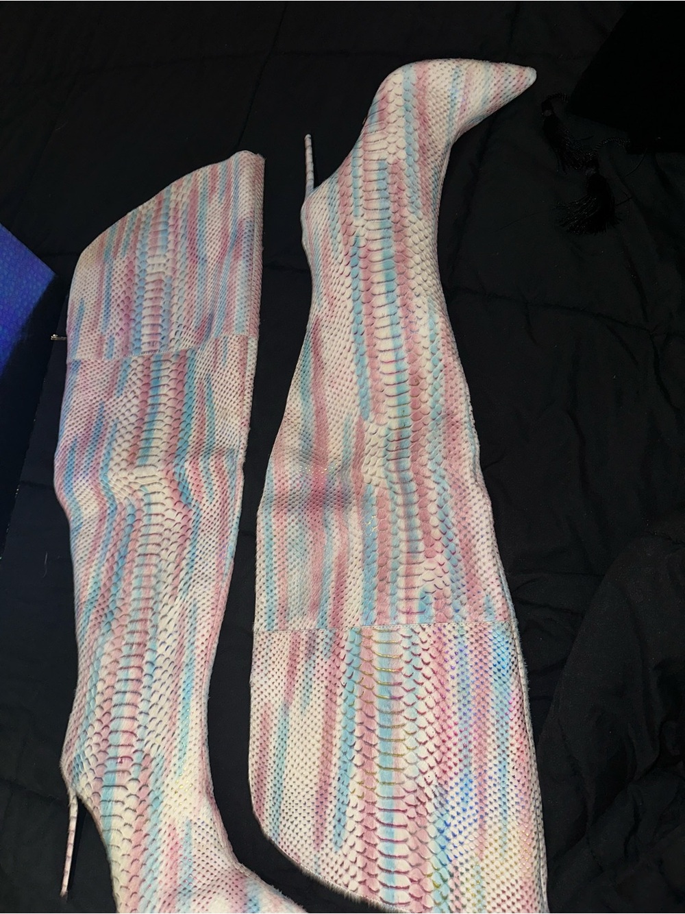 Jennifer Le Pastel Multicolor Snakeskin thigh high boots